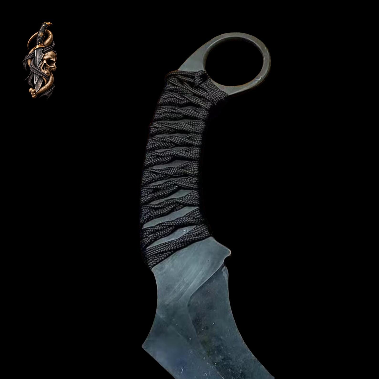 D2 Steel Karambit Set of 3: Powder Coated, Cord Wrapped, Leather Sheath thumbnail 3
