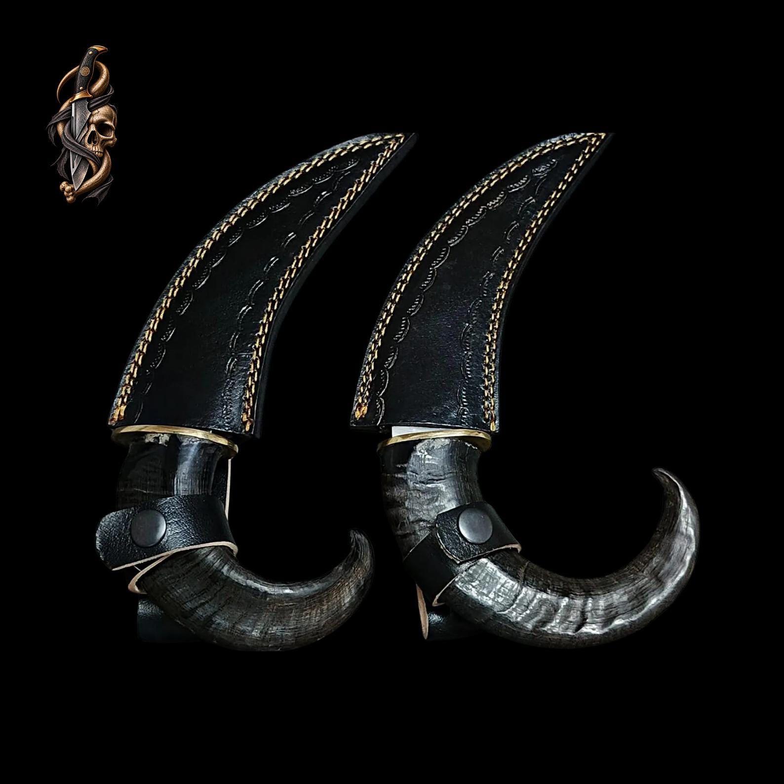 Goat Horn Karambit: D2 Steel, Damascus Blade, Brass Clip, Leather Sheath