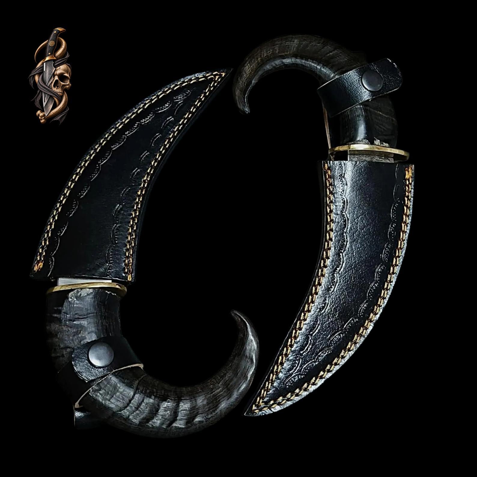 Goat Horn Karambit: D2 Steel, Damascus Blade, Brass Clip, Leather Sheath thumbnail 5