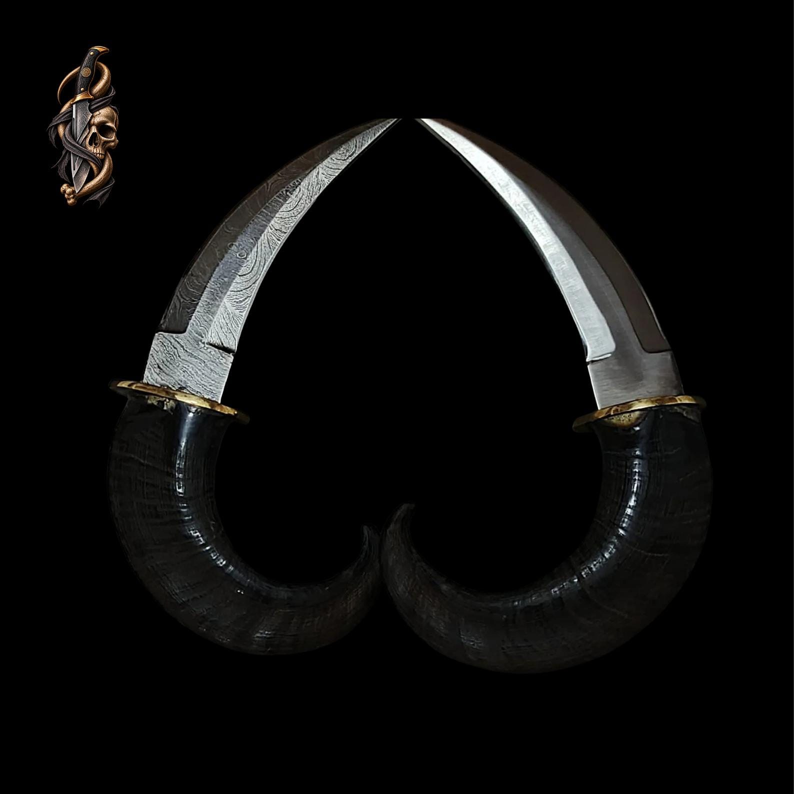Goat Horn Karambit: D2 Steel, Damascus Blade, Brass Clip, Leather Sheath thumbnail 2
