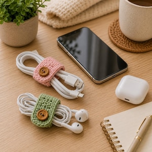 May include: Two cable organizers made of crocheted yarn, one in light pink and one in sage green, each featuring a small brown wooden button closure. These rectangular wraps are secured around white charging cables and wired white earbuds.