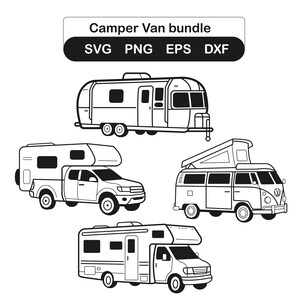 Op de afbeelding: Een digitale grafische set getiteld Camper Van bundle met SVG, PNG, EPS en DXF bestandsformaten. De afbeelding bevat vier zwart-wit lijntekeningen van verschillende recreatievoertuigen, waaronder een caravan en drie campers.