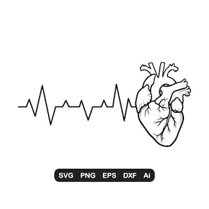 May include: A black and white line art graphic featuring a horizontal heartbeat rhythm line connected to an anatomical human heart illustration. Below the graphic, a black rectangular label contains the white text SVG, PNG, EPS, DXF, Ai.