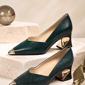 Emerald Green Leather Pumps, Pointed Toe Gold Cap Heels, Snake Embossed Sculptural Block Heel Office Wedding Dress Shoes for Women