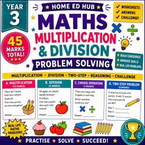 Può includere: Una scheda didattica Home Ed Hub per il terzo anno su moltiplicazione e divisione. La pagina colorata include sezioni per moltiplicazione, divisione, scelta delle operazioni e problemi a due passaggi, decorata con mele, matite, libri e un trofeo.