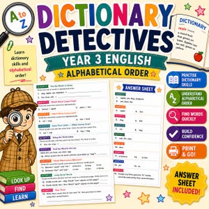 以下が含まれることがあります： 「Dictionary Detectives Year 3 English Alphabetical Order」と題された教育用ワークシート。虫眼鏡を持った探偵のキャラクター、アクティビティリスト、解答用紙、辞書のスキルを学ぶためのカラフルなアイコンが描かれています。