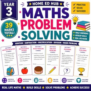 以下が含まれることがあります： セクションAからFまでを含むYear 3 Home Ed Hubの算数問題プリント。カラフルなページには、テキスト、算数の文章題、バックパック、リンゴ、ケーキ、鉛筆、疑問符、トロフィーのアイコンのイラストが描かれています。