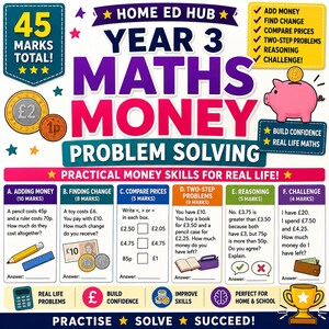 Può includere: Una scheda didattica di matematica sul denaro per il terzo anno, intitolata Year 3 Maths Money Problem Solving, che include esercizi su addizioni, resto, confronto di prezzi e problemi, illustrata con monete e un salvadanaio.