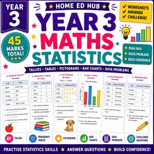 Könnte beinhalten: Ein Arbeitsblatt für Mathematik-Statistik der 3. Klasse mit Abschnitten zu Strichlisten, Häufigkeitstabellen, Piktogrammen, Balkendiagrammen und Datenproblemen. Die farbenfrohe Seite enthält Text, Symbole und Übungen zur Datenanalyse.