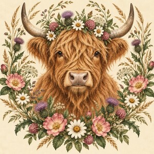 Może przedstawiać: Portret kudłatej brązowej krowy rasy Highland z długimi zakrzywionymi rogami, otoczonej kolistą kompozycją z polnych kwiatów, w tym białych stokrotek, różowych róż, fioletowych ostów i zielonych kłosów pszenicy na kremowym tle.