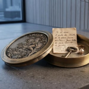 Może przedstawiać: Okrągłe mosiężne pudełko na drobiazgi z teksturowaną, tłoczoną pokrywką z detalami w reliefie. Wewnątrz otwartego pojemnika znajduje się mała, odręcznie napisana notatka kursywą, metalowy klucz w stylu vintage oraz pojedynczy kolczyk z białą perłą.