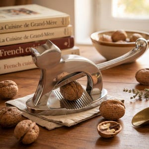 May include: A silver-toned metal nutcracker shaped like a cat with a long handle, positioned on a light-colored fabric napkin. Several whole walnuts are scattered around the nutcracker, with one walnut placed inside the metal cat's body.