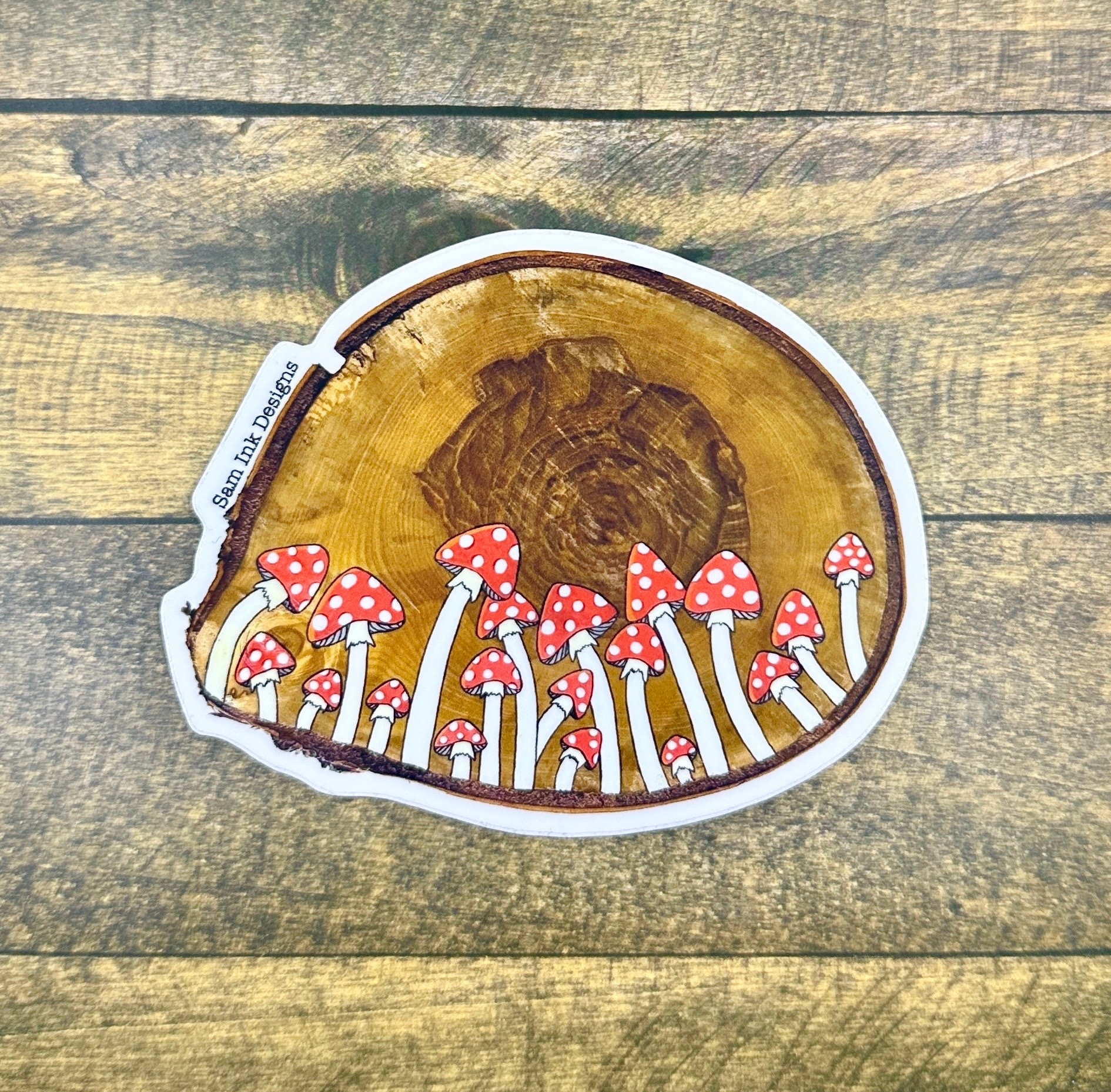 Mushroom Wood Slice Sticker: Original Artwork, Waterproof Vinyl Decal