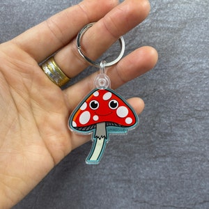 Cute Mushroom Keychain - Miniature Fungi Charm for Key Rings, Backpacks, Purses, and More. Happy Mushroom Cartoon Key Chain Original Design