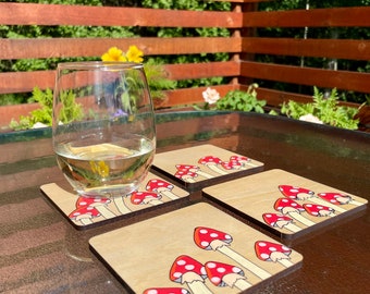 Handpainted Spotted Mushroom Coasters Set of 4 on Wood Coated in Poly Clear Coat One of a Kind Art