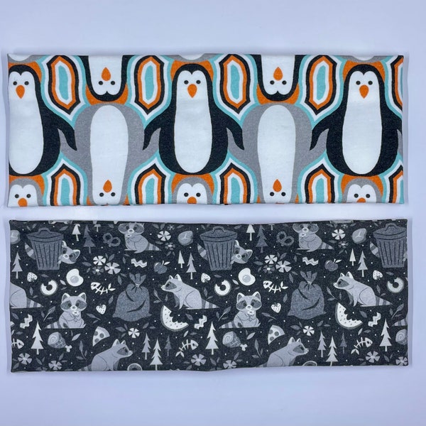 Tuxedo Penguins and Racoon Trash Pandas Handmade Headbands Jersey Knit Soft