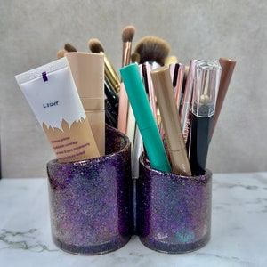 Purple Coloshifting Metallic  Resin Makeup Brush Holder and Pen Holder Glitter Holographic Violet