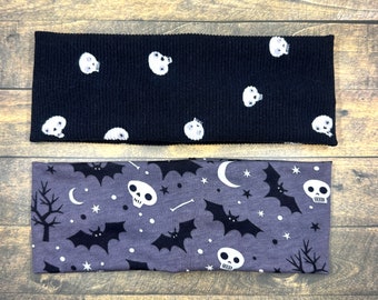 Skulls and Bats Jersey Knit Soft Headbands Gift Ideas Morbid Gothic Fall Moon