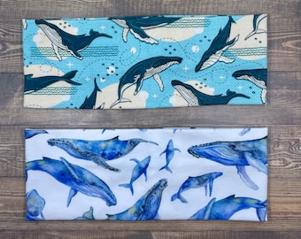 Humpback Whales Handmade Headbands Jersey Knit Soft Watercolor Graphic Design Art