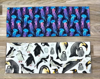 クラゲとペンギンの水彩画ハンドメイドヘッドバンドジャージーニットソフト