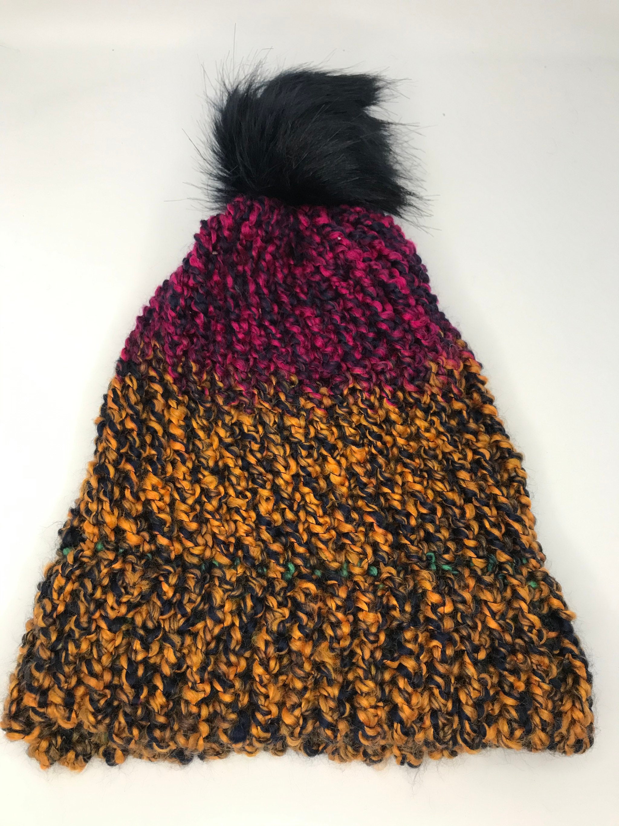 Orange and Pink Knit Hat Black Pom Pom Etsy