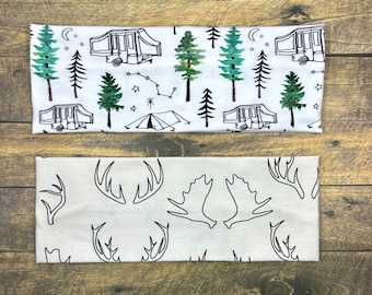 Headbands Alaska Antlers and Campers Jersey Knit Soft Headbands Camping Forrest Spruce Pine Trees Sweataband Bandana