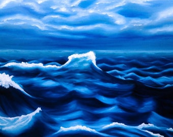 OCEAN WAVES ARTWORK – Original Oil Painting – Blue Water Fine Art Print - Sea Wave Wall Art - Ocean Lover Gift - Turmoil By Sam Miller