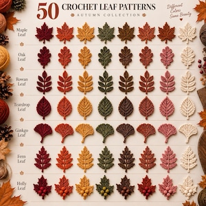 Pode incluir: Uma coleção de 50 padrões de folhas de crochê intitulada 50 CROCHET LEAF PATTERNS AUTUMN COLLECTION. O gráfico exibe fileiras de folhas de bordo, carvalho, sorveira, gota, ginkgo, samambaia e azevinho em várias cores como vermelho, laranja e amarelo.