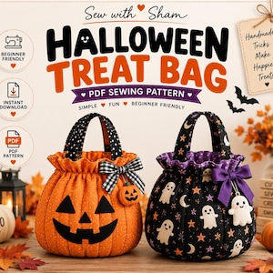 Puede incluir: Un patrón de costura en PDF para una bolsa de dulces de Halloween de Sew with Sham. La imagen muestra dos bolsas de tela: una naranja con forma de calabaza con cara de jack-o'-lantern negra y lazo de cuadros, y una negra con motivos de fantasmas.