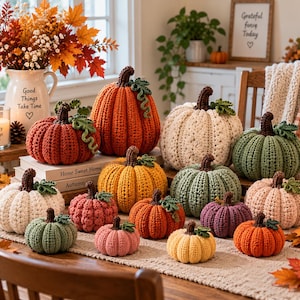 May include: A collection of various sized crochet pumpkins in shades of orange, cream, yellow, green, pink, and purple, each featuring a dark brown stem and small green leaves, arranged on a table with a textured runner and scattered autumn leaves.