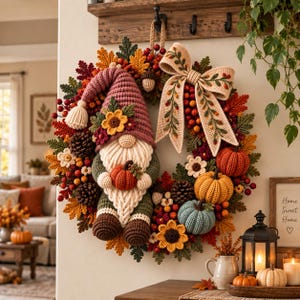 Può includere: Una ghirlanda autunnale decorativa con uno gnomo all'uncinetto con cappello rosa, barba bianca e una piccola zucca arancione. La ghirlanda è decorata con foglie, pigne, bacche rosse, girasoli e zucche all'uncinetto nei colori arancione e blu.