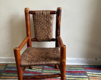 Antique Old Hickory Chair - Vintage Rustic Adirondack Cabin Armchair - Woven Splint Rattan Cane Seat - Primitive Lodge Decor Furniture