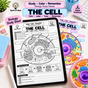 Può includere: Una scheda di studio di biologia digitale intitolata THE CELL visualizzata sullo schermo di un tablet, con un disegno al tratto in bianco e nero di una cellula con etichette vuote, istruzioni, un diagramma proteico e domande brevi.