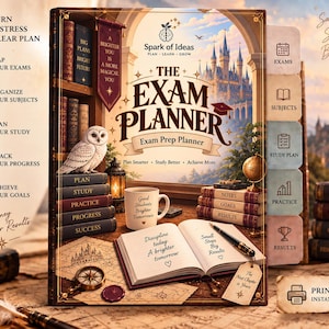 Op de afbeelding: Het boek The Exam Planner heeft een omslag met een kasteel, een uil en boeken. De tekst bevat 'Turn exam stress into a clear plan', 'Spark of Ideas', 'The Exam Planner', 'Plan Smarter, Study Better, Achieve More' en 'Printable PDF Instant Download'.