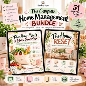 May include: A digital home management bundle featuring 51 printable pages. The cover displays the text The Complete Home Management Bundle, Plan Your Meals & Shop Smarter, and The Home Reset, with icons for meal planning, grocery lists, and cleaning checklists.