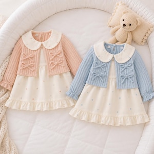 Vintage-Strickkleid mit Blumenmuster für Babys und Kleinkinder, Set mit Peter-Pan-Kragen, Herbstliches Strickkleid mit Schleife, Herbstliches Geburtstagsgeschenk
