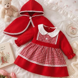 Ensemble bébé Red Hood, tenue vintage à carreaux vichy avec cape à capuche, vêtements d'anniversaire champêtres pour tout-petits, cadeau de Noël