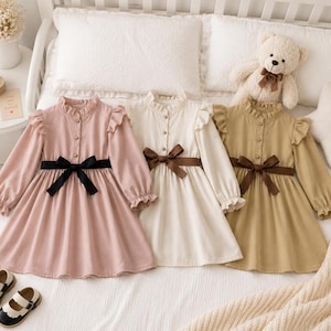 Vintage-Kleid für Babys und Kleinkinder mit Rüschenkragen und langen Ärmeln, Schleifengürtel, Herbstkleid mit Knopfleiste, Geschenk zum Schulanfang