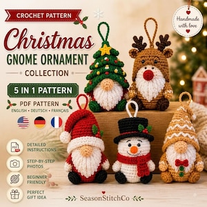 May include: A crochet pattern collection for five Christmas gnome ornaments. The image displays five handmade figures: a tree-topped gnome, a reindeer gnome, a red-hatted gnome, a snowman, and a gingerbread-style gnome, all with hanging loops.