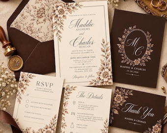 May include: A wedding stationery set featuring cream and dark brown cards with floral illustrations. Includes an invitation for Maddie Andrews and Charles Morgan, an RSVP card, a details card, a thank you note, and a monogrammed envelope.