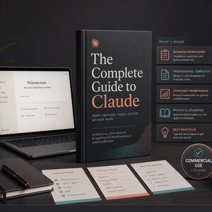 May include: A black book titled The Complete Guide to Claude with a laptop displaying a welcome screen, a notebook with a pen, three printed cards labelled Content Plan, Project Brief, and Meeting Agenda, and a commercial use licence badge.