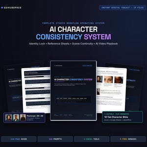 May include: A digital toolkit titled AI Character Consistency System featuring a 140-page guide, 168 prompts, 4 Excel tools, and 5 free bonuses. The display includes multiple document pages, a 12-tab character bible, and photoreal examples.