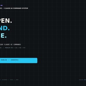 Może przedstawiać: Cyfrowy interfejs produktu z ciemnym tłem w kratkę, zawierający tekst OPEN. FIND. USE. GOHUBSPACE / CLAUDE AI COMMAND SYSTEM. Wymienia 5760 UNIQUE CLAUDE AI COMMANDS, 48 CATEGORIES oraz formaty plików, w tym PDF, CSV, MD i TXT.