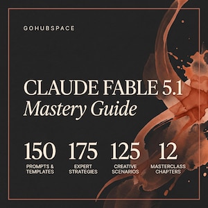 Könnte beinhalten: Ein schwarzes digitales Leitfaden-Cover mit dem Titel CLAUDE FABLE 5.1 Mastery Guide von GOHUBSPACE. Es enthält weißen Text mit Angaben zu 150 Prompts & Templates, 175 Expert Strategies, 125 Creative Scenarios und 12 Masterclass Chapters mit orangefarbenen Aquarellakzenten.