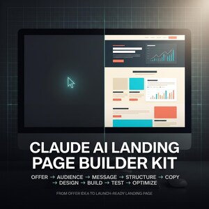 May include: A computer monitor displaying a landing page layout with charts and graphs. Text reads: CLAUDE AI LANDING PAGE BUILDER KIT. OFFER, AUDIENCE, MESSAGE, STRUCTURE, COPY, DESIGN, BUILD, TEST, OPTIMIZE. FROM OFFER IDEA TO LAUNCH-READY LANDING PAGE.