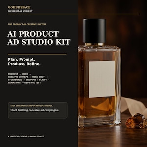 May include: A rectangular glass perfume bottle with a black cap and amber liquid, featuring a blank white label. The text reads: GOHUBSPACE AI PRODUCT AD STUDIO KIT, THE PRODUCT-AD CREATIVE SYSTEM, AI PRODUCT AD STUDIO KIT, Plan. Prompt. Produce. Refine.