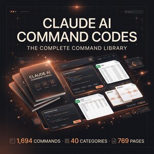 May include: A digital guide titled CLAUDE AI COMMAND CODES THE COMPLETE COMMAND LIBRARY featuring a stack of books, command cards with code snippets, CSV data tables, and workflow diagrams. Text includes 1,694 COMMANDS, 40 CATEGORIES, 769 PAGES.