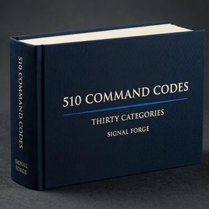 May include: A dark blue hardcover book titled 510 COMMAND CODES THIRTY CATEGORIES SIGNAL FORGE. The front cover features white text with a thin blue horizontal line. The spine also displays the title and author name in white text.