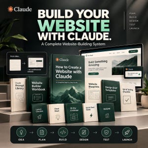 May include: A collection of instructional books and guides titled Build Your Website with Claude, featuring a main manual, a workbook, and various smaller booklets like Prompt Library, Cheat Sheet, and Launch Checklist, displayed with a computer monitor.