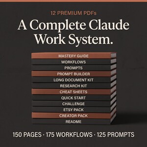 Puede incluir: Una pila de 12 libros digitales con portadas marrones y negras, titulada A Complete Claude Work System. Los lomos enumeran Mastery Guide, Workflows, Prompts, Prompt Builder, Long Document Kit, Research Kit, Cheat Sheets, Quick Start, Challenge, Etsy Pack, Creator Pack y Readme.
